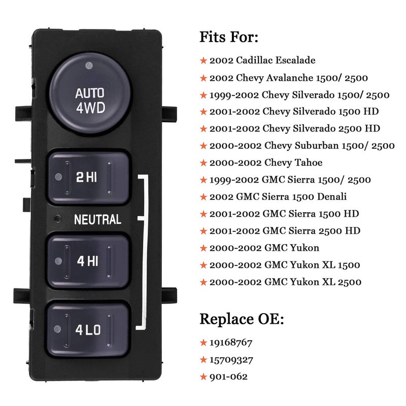 LCWRGS 901-062 4WD 4x4 Switch Replacement for Chevy Silverado 1500, 2500HD Suburban, Avalanche, GMC Sierra 1500, 2500, Yukon- 4 Wheel Drive Switch Transfer Case Selector, OE# 15709327, 19168767 - Image 2